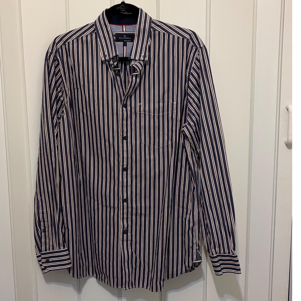 Blue Harbour Marks & Spencer Mens Navy Brown Striped Cotton Shirt